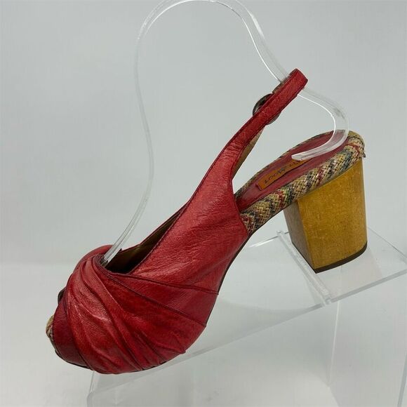 Miz Mooz Violin Red Leather Slingback Peep Toe Pumps Size 6 Button Detail - Picture 3 of 13